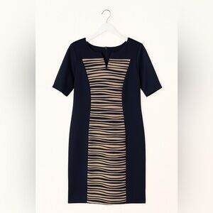 Connected Apparel Navy Blue Dress 14 Slit Neck Stretch Tan Front Panel Classic